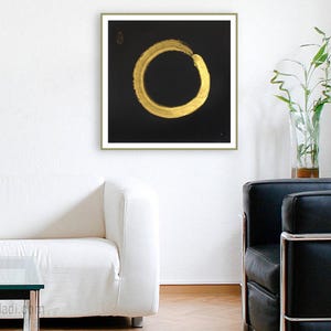 Cerchio Zen Enso dorato su carta di riso nera — calligrafia originale, arte di meditazione yoga Zen, pittura feng shui