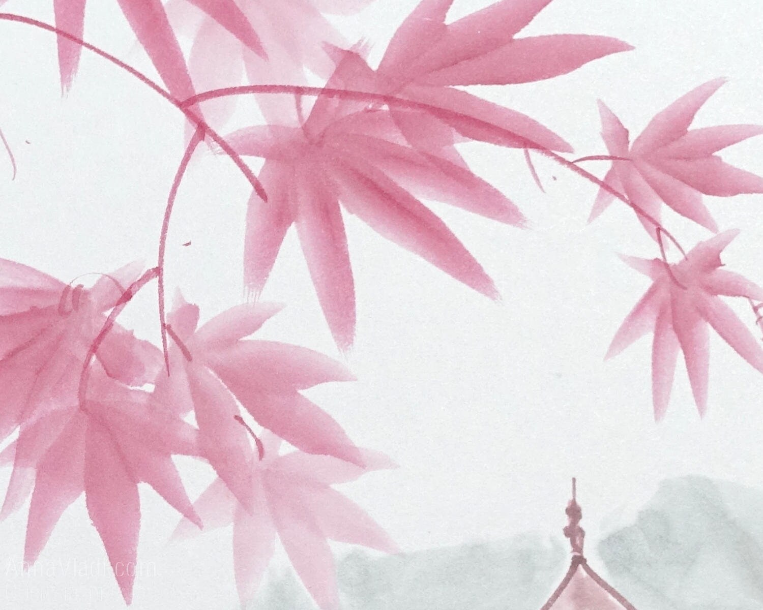 Maple Grove Temple — Sumi-e Original Painting on Japanese Shikishi