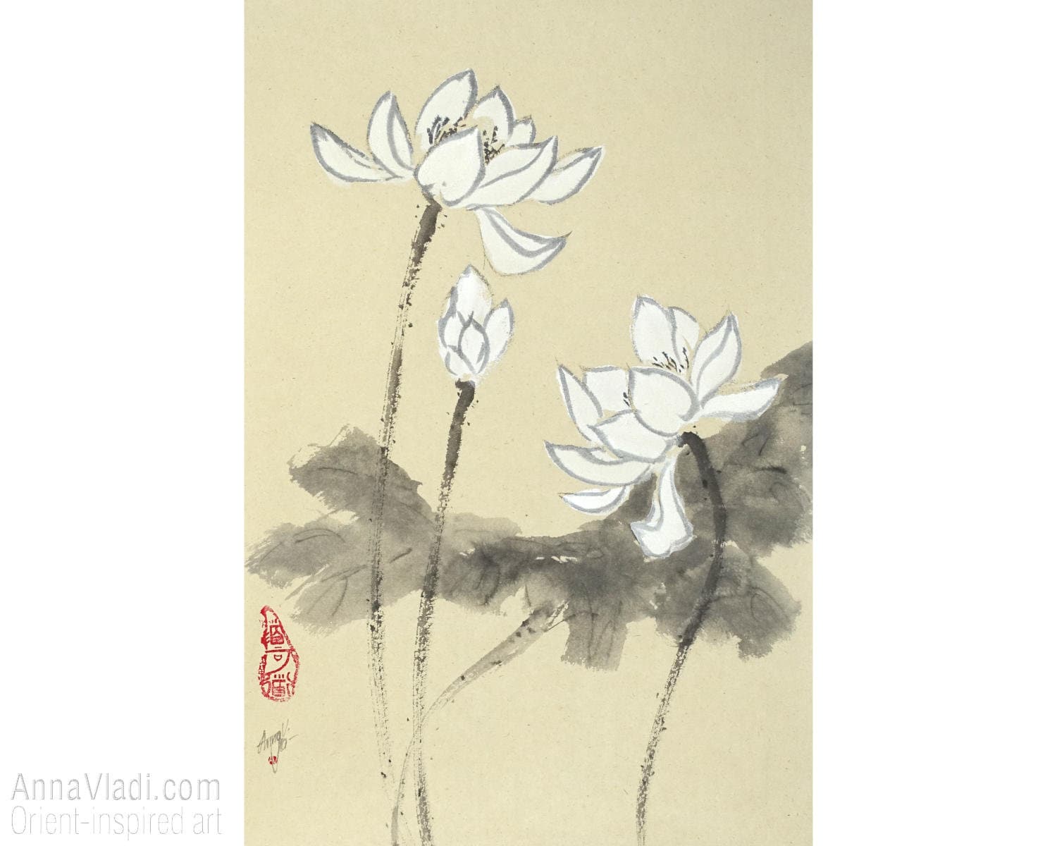 White Lotus Flowers — Original Sumi-e Painting in Japanese Ink on