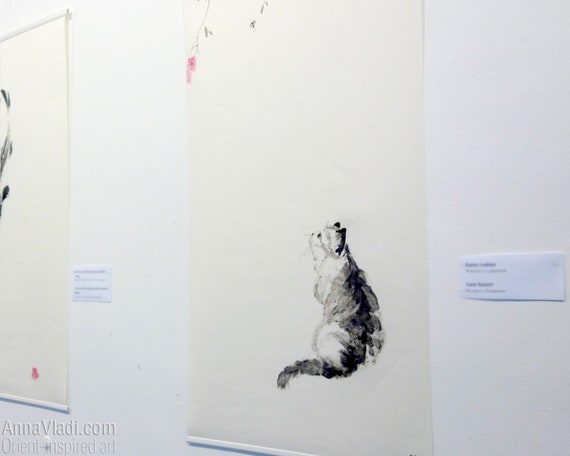 桜の下の猫 — 和紙に描いたオリジナル墨絵 - Etsy 日本