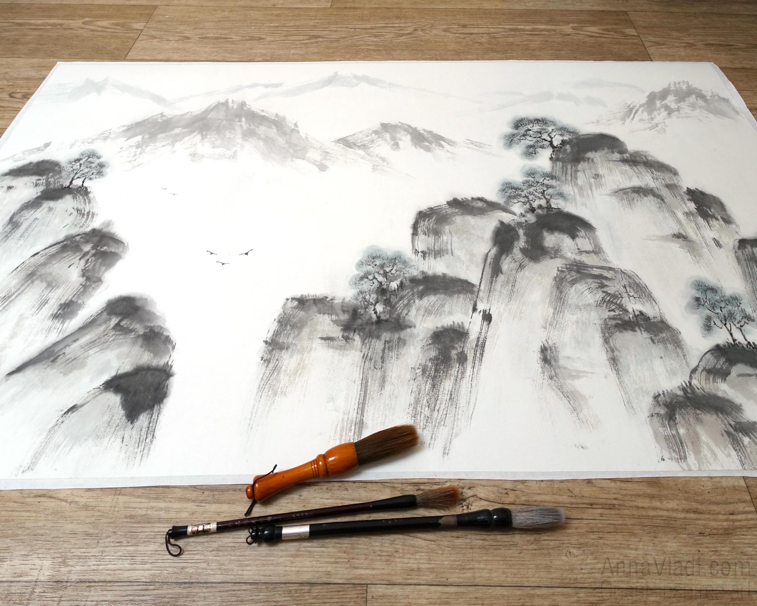 Sumi-e Mountain View — Original Painting in Japanese Zen Art