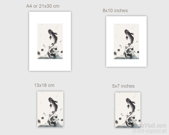 Koi Fish Sumi-e Print: Feng Shui Zen Art, Add a Free Japanese Seal