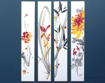 Four Noble — Orchid Bamboo Chrysanthemum Plum Blossom — Set of 4 Original Sumi-e Paintings on tanzaku shikishi board, Zen feng shui art