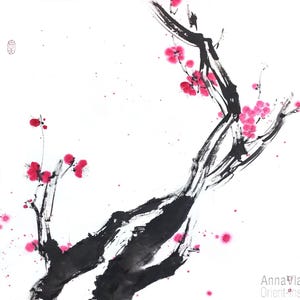 Pflaumenblüten — originales Sumi-e Bild von Sakura mit Tusche auf japanischem Reispapier, GROSSES orientalisches Zen-Bild