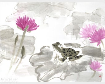 Frog and Water Lilies — original sumi-e ink art on rice paper, traditional Japanese painting