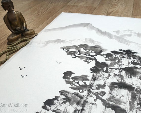 Sumi-e Mountains Original Painting in Japanese Zen Art Style, Oriental  Rocks and Trees Landscape in Black Ink on Rice Paper 