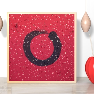 Enso Zen Circle on Red Rice Paper — original handwritten calligraphy, Japanese Zen art, in black ink, feng shui meditation abstract painting