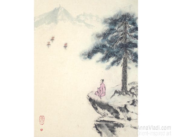Sumi-e Ink Painting of Buddhist Monk Meditating in Mountains
