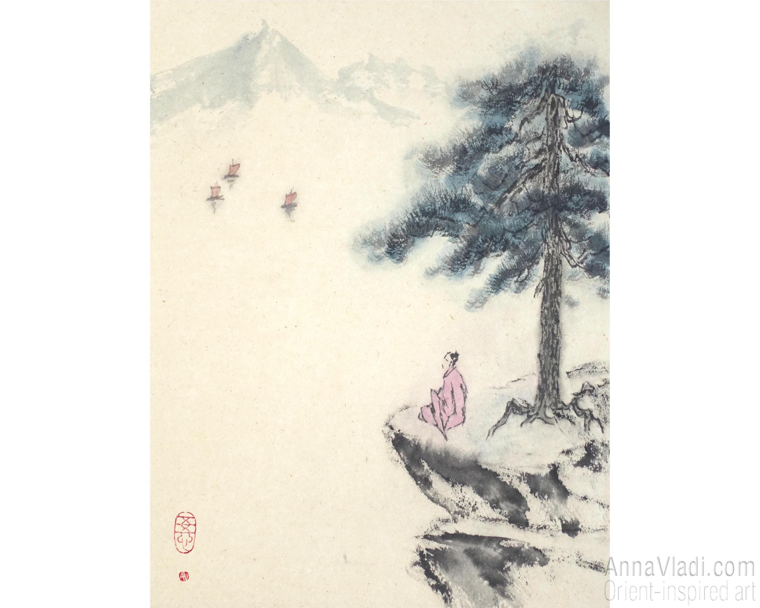 Sumi-e Ink Painting of Buddhist Monk Meditating in Mountains: Japanese ink on Rice Paper