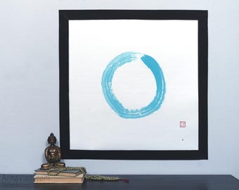 Enso Zen Circle in Blue: Original Art on Rice Paper, Buddhist Calligraphy