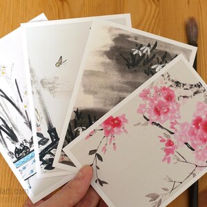 Cartoline a tema primaverile — Set di 4 stampe della mia arte sumi-e (fiori di narciso, ciliegie sakura, farfalle, fiori di bucaneve)