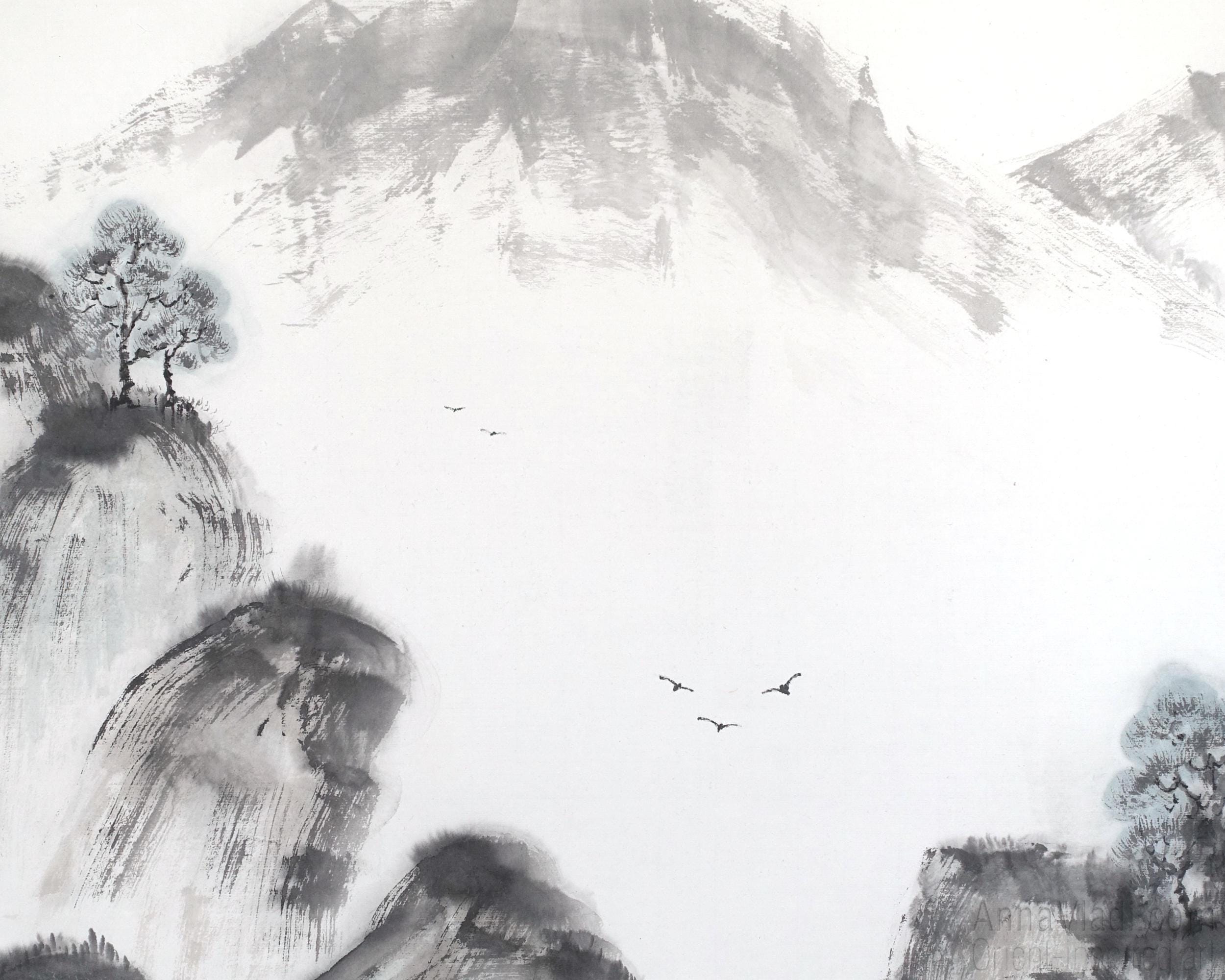 【原画】水墨画 松と山の景色 額縁付き 和風アート 一点物 水墨画 墨絵 肉筆 幸子作 山岳 山林 風景画 額縁 - メルカリ