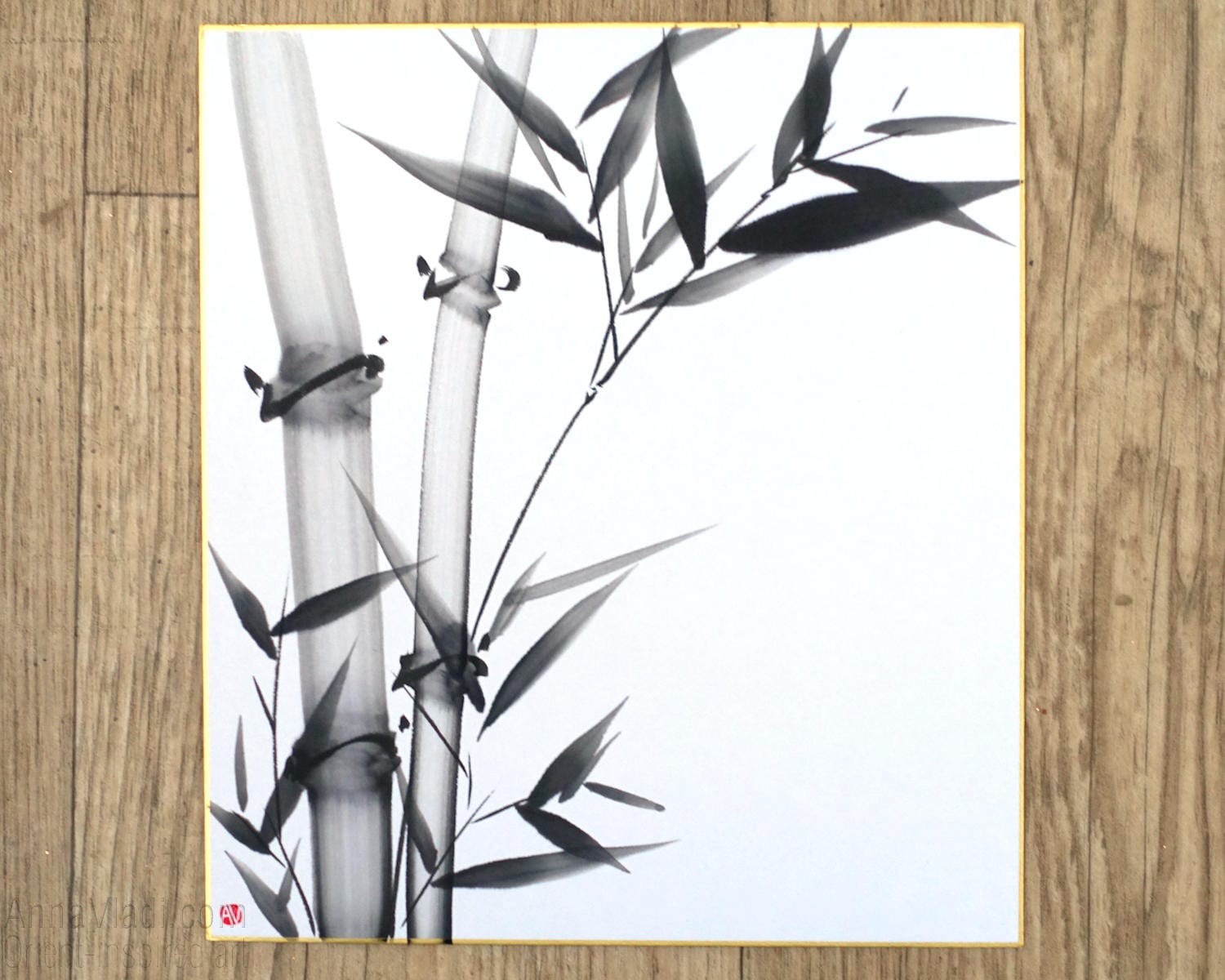 Bambus Sumi-e Original Tuschemalerei auf japanischem Shikishi Brett, Zen- Kunst, Feng Shui Kunst - .de