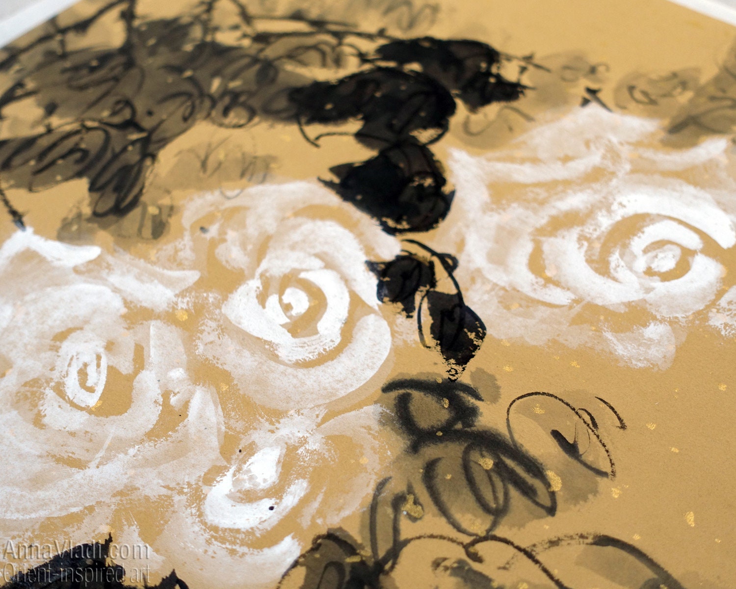 White Roses — Original Sumi-e Painting, Japanese Black Ink