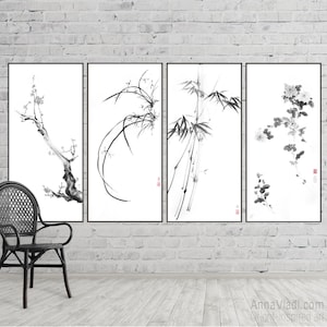 The Four Noble: Plum, Wild Orchid, Bamboo, Chrysanthemum —  LARGE wall art, set of 4 original sumi-e paintings, asian Zen art