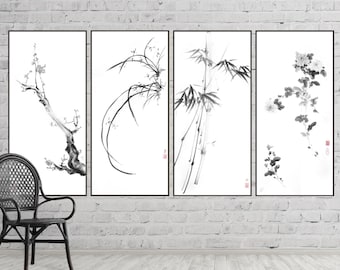 大型-オリジナル-墨絵-竹-白黒-日本画-水墨画-墨-侘び寂び-日本美術