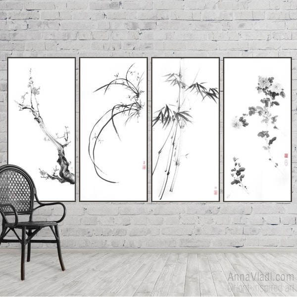 Sumi-e Painting Set: Four Noble Gentlemen, Asian Zen Wall Art