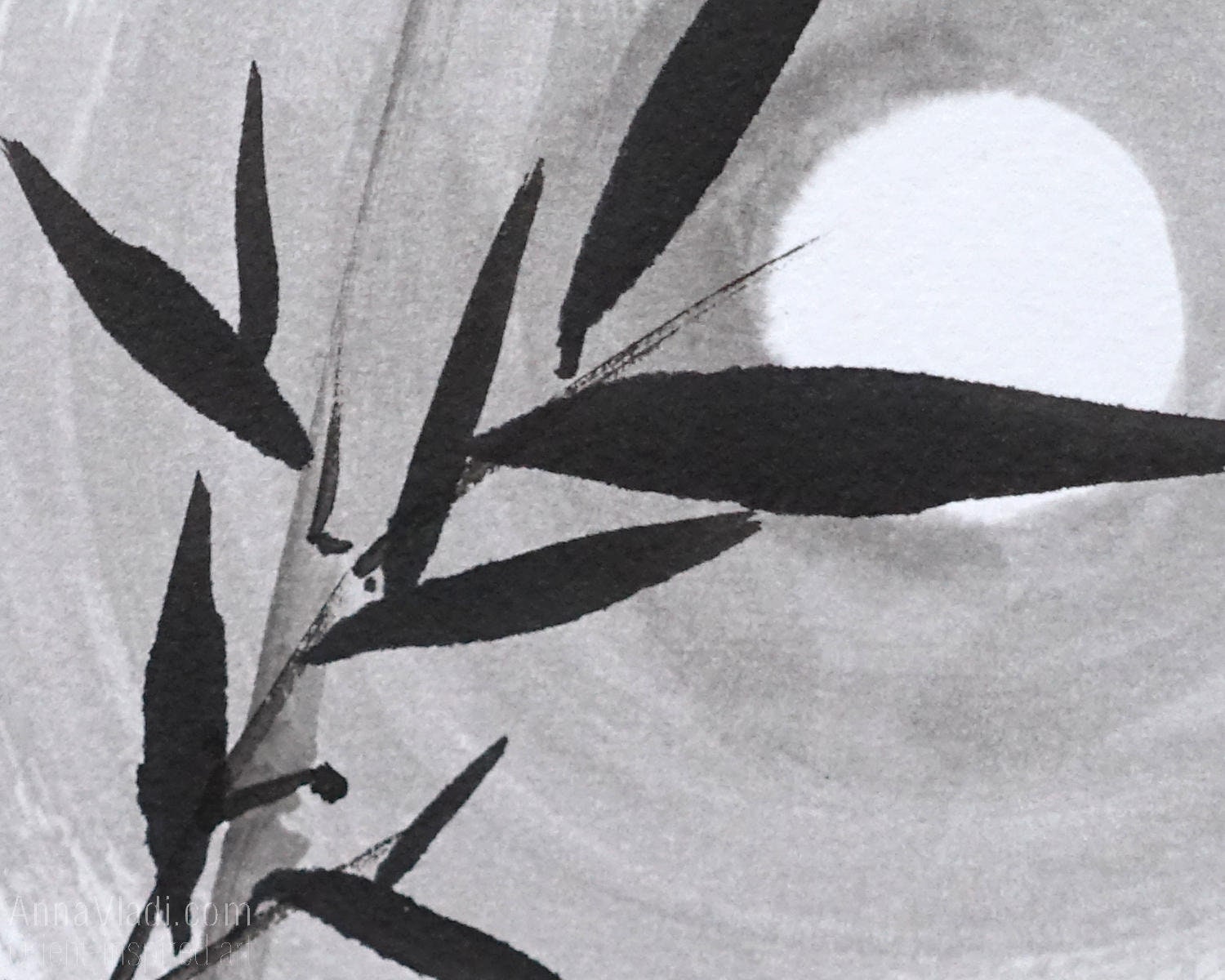 Sumi-e Bamboo and the Full Moon — Original Ink Painting on