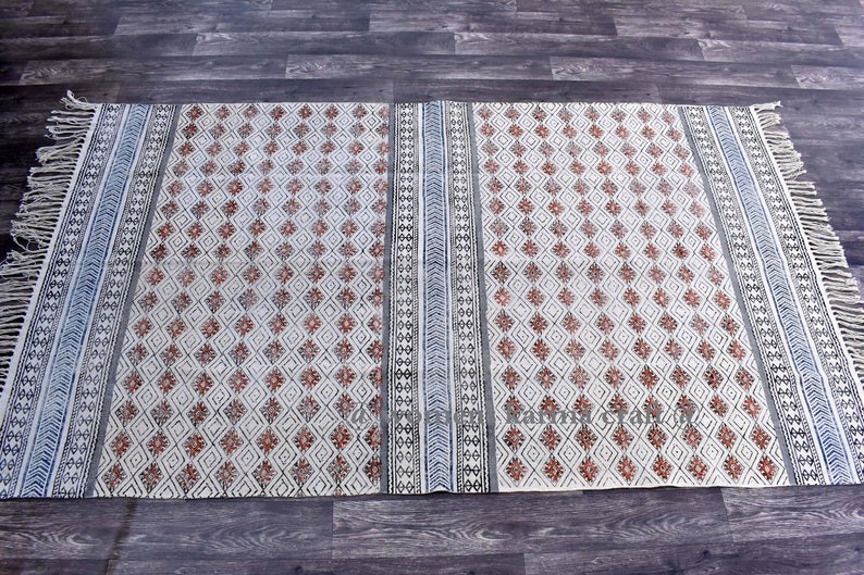 large 5x8ft rug, handmade rug, indian rug, block printed rug, Kilim rug, area rug, solid rug, Woven rug, carpet, runner, floor rug, cotton image 3