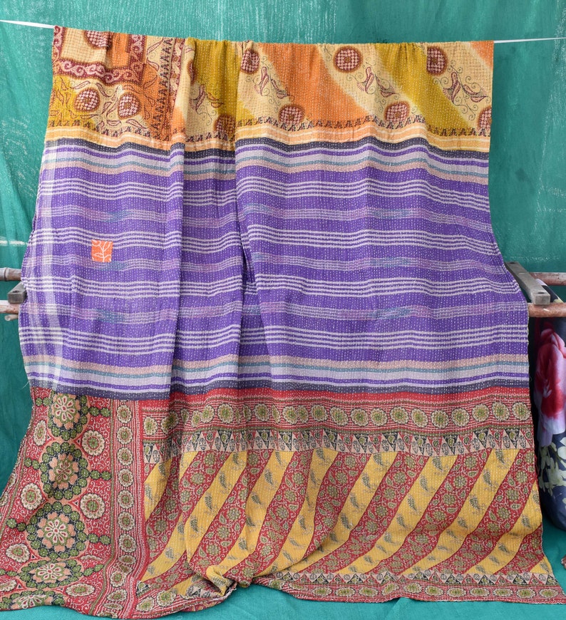 ethnic recycled kantha Queen kantha quilt blanket Queen size quilt bed cover vintage sari quilt reversible quilt handmade quilt