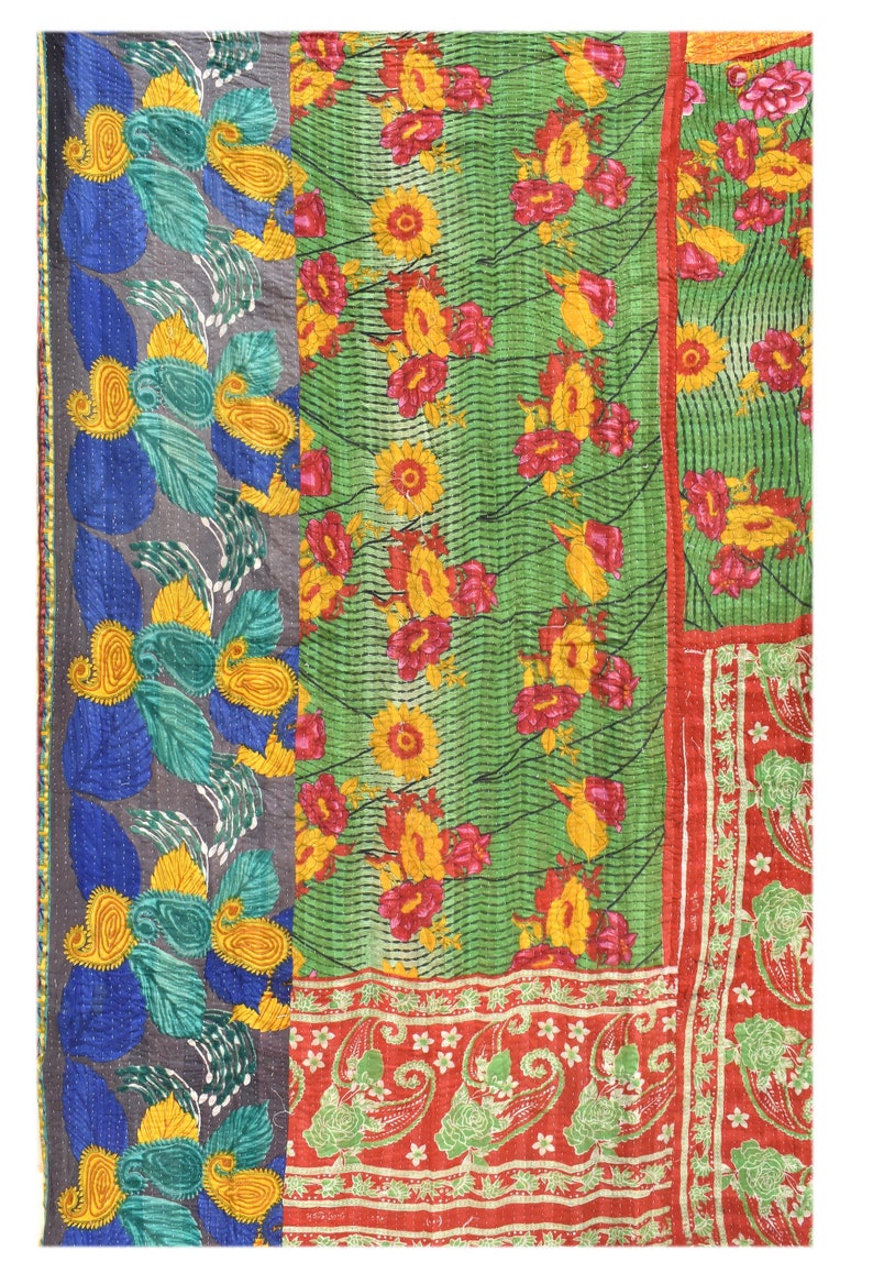 Vintage kantha quilt vintage sari quilt reversible quilt twin size quilt ethnic blanket recycled kantha handmade quilt bed cover