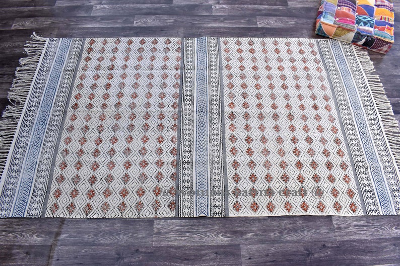 Tapijt 5x8 ft, handgemaakt vloerkleed, Indiaas tapijt, blokgedrukt kleed, groot kleed, kleedje, massief tapijt, prachtig tapijt tapijt loper afbeelding 2