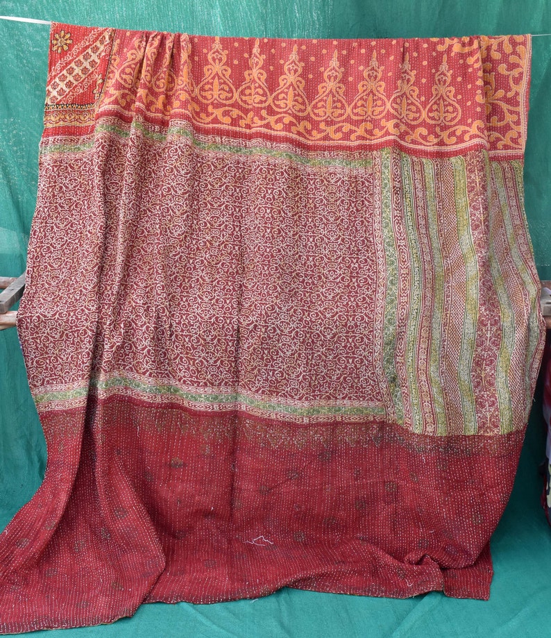 ethnic recycled kantha Queen kantha quilt blanket Queen size quilt bed cover vintage sari quilt reversible quilt handmade quilt