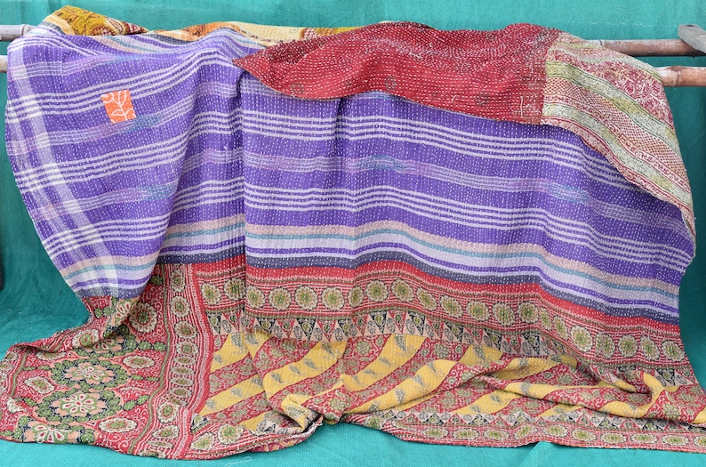 ethnic recycled kantha Queen kantha quilt blanket Queen size quilt bed cover vintage sari quilt reversible quilt handmade quilt