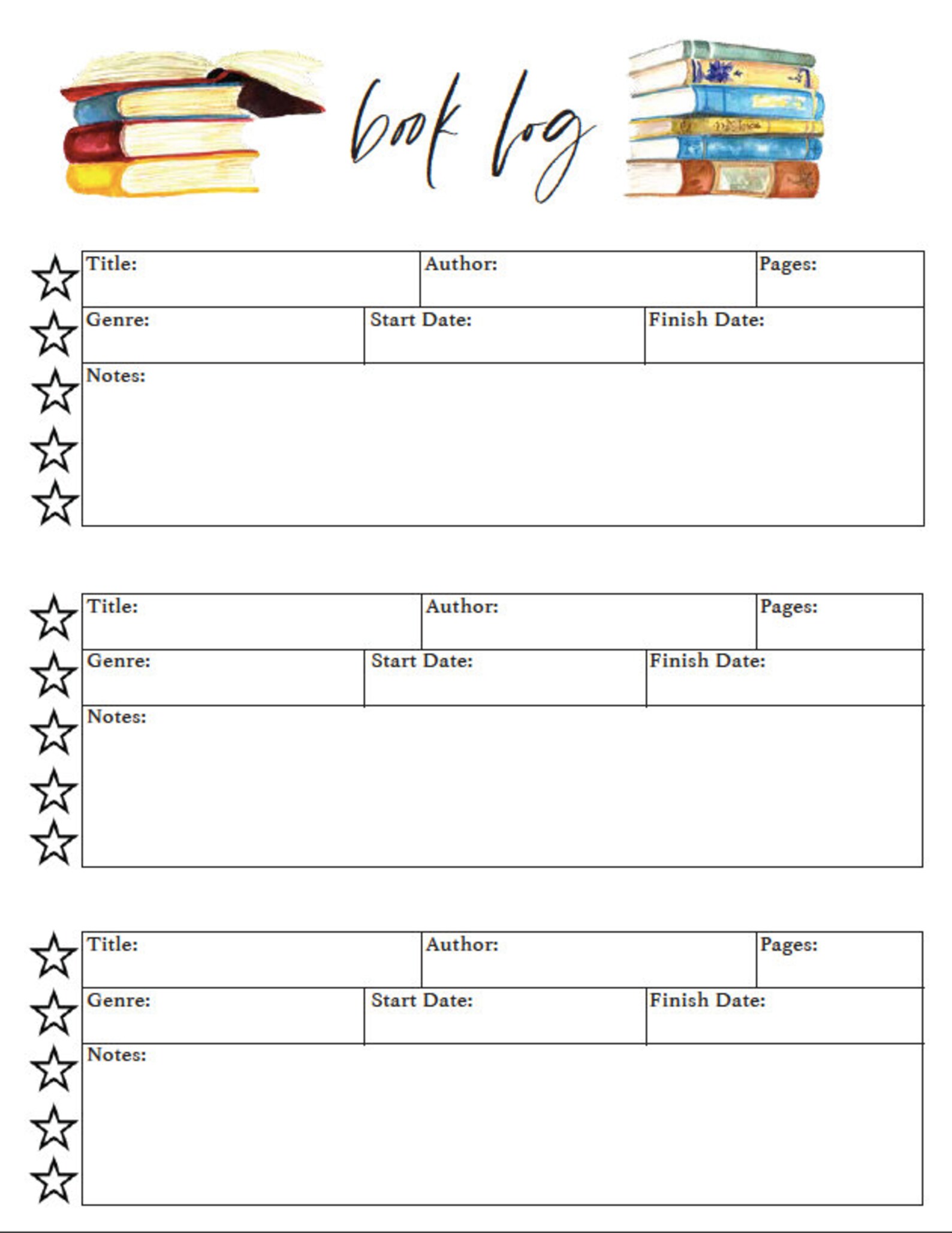 Book Review Log Printable Book Log Book Journal Instant Etsy