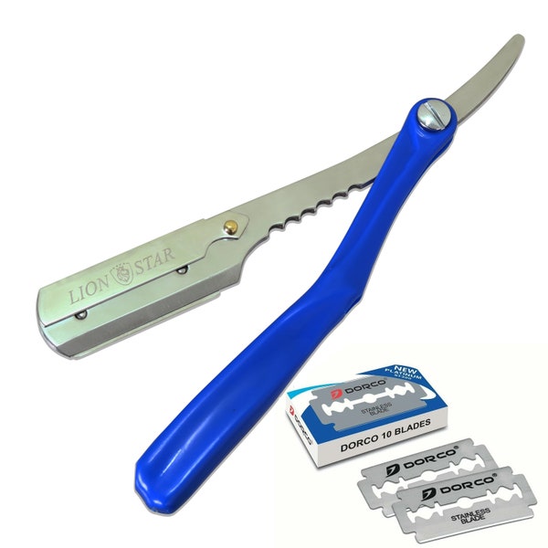 NAVAJA Barber Salon Cut Throat Straight Shaving Razor Beard Folding Knife Shavette Rasoir Rasoi Blue Color & 10 Blades