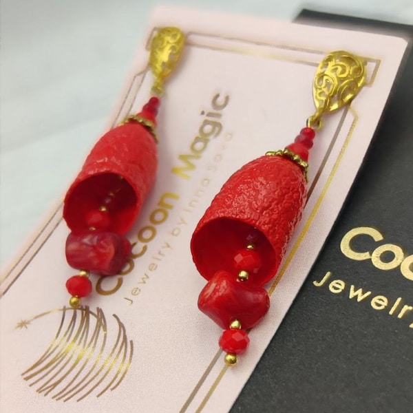 Red earrings silk cocoons, long earrings, Silkworm cocoons earrings, Evening earrings, Coral jewelry, Red coral earrings