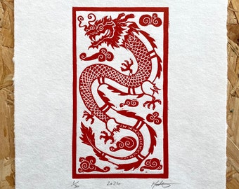 Impression linogravure Nouvel an chinois 2024 | Année du Dragon | Art des Neuf Glens