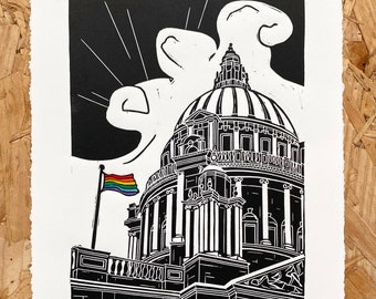 Belfast City Hall Pride Flag Linocut Print | Art mural | Arc-en-ciel | LGBT | Irlande du Nord