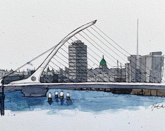 Dublin Skyline Pen & Watercolour Painting | Irish Art | Nine Glens Art