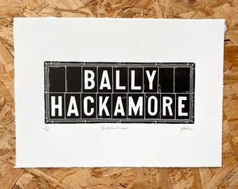 Plaque de rue Ballyhackamore Belfast impression lino | Linogravure irlandaise | Irlande du Nord | Art des Neuf Glens