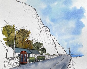 Garron Point, The Glens of Antrim Pen & Watercolour Painting | Antrim Coast Road | Nine Glens Art