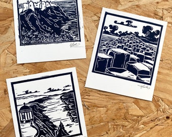 Impressions Polaroid Lino de la côte nord | Lot de 3 impressions linogravure | Chaussée des Géants | Château de Dunluce | Temple Mussenden | Art des Neuf Glens