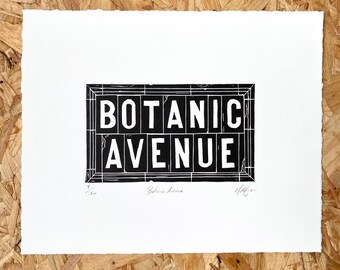 Panneau de rue de Belfast Lino Print Botanic Avenue | Impression linogravure irlandaise | Irlande du Nord | Art des Neuf Glens