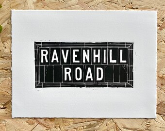 Plaque de rue de Belfast, impression lino, Ravenhill Road, linogravure d'Irlande du Nord