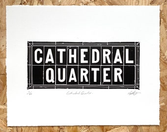 Belfast Street Sign Lino Print Cathedral Quarter | Irish linocut Print | Northern Ireland | Nine Glens Art