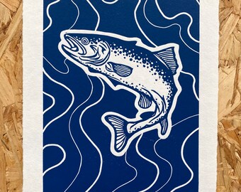 Linogravure saumon | Impression poisson | Art des Neuf Glens