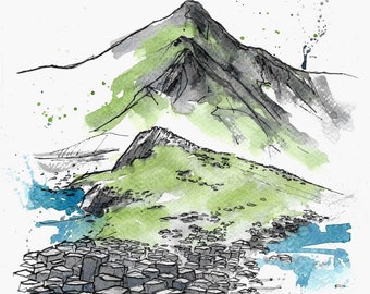 Stylo et aquarelle de la Chaussée des Géants | Côte Nord d'Antrim | Irlande du Nord | Art des Neuf Glens