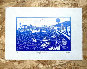 Linogravure de Carnlough Harbour | Glens d'Antrim | Irlande du Nord | Art des Neuf Glens