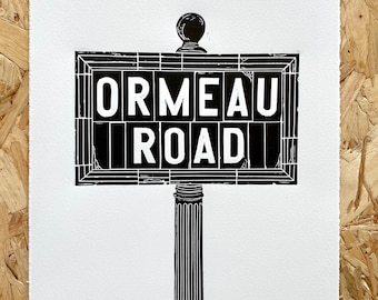 Ormeau Road Belfast Street Sign Impression Lino | Linogravure irlandaise | Irlande du Nord | Art des Neuf Glens
