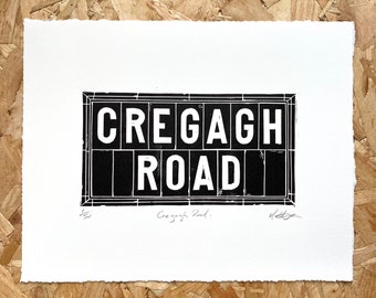 Panneau de rue de Belfast Lino Print Cregagh Road | Impression linogravure irlandaise | Irlande du Nord | Art des Neuf Glens