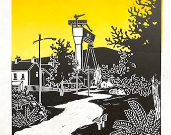 East Belfast Greenway Linocut Print | Belfast Harland and Wolff | H&W Cranes | Northern Ireland | Nine Glens Art