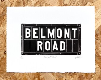 Plaque de rue Belfast Impression Lino Belmont Road | Linogravure irlandaise | Irlande du Nord | Art des Neuf Glens