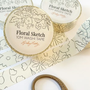 Floral Sketch Washi Tape  - Botanical/Floral Washi, Black and White Washi, Planner Tape, Journaling Stickers, 10M Pretty Washi Tape