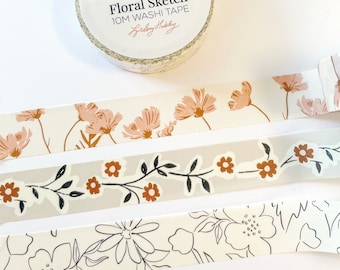 3 roll Washi Tape Set - Botanical/Floral Washi, Planner Tape, Journaling Stickers, 10M Pretty Washi Tape