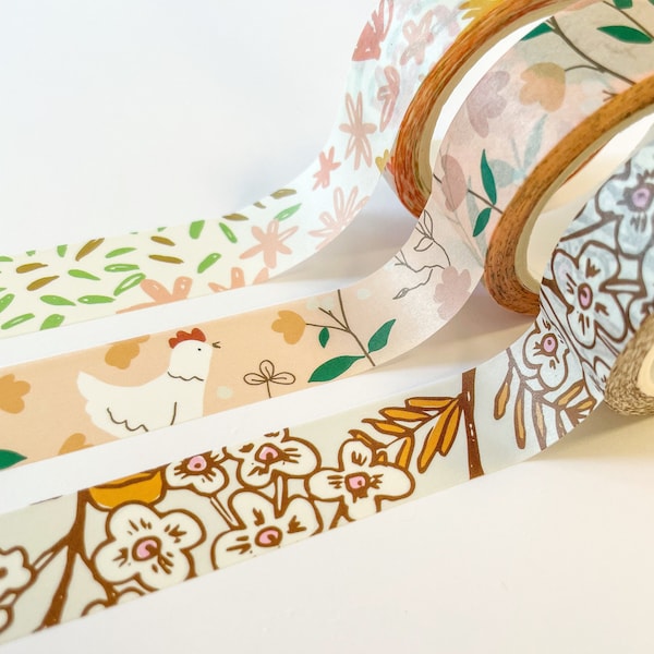 3 roll Washi Tape Set - Chickens and Flowers, Planner Tape, Journaling Stickers, 10M Pretty Washi Tape